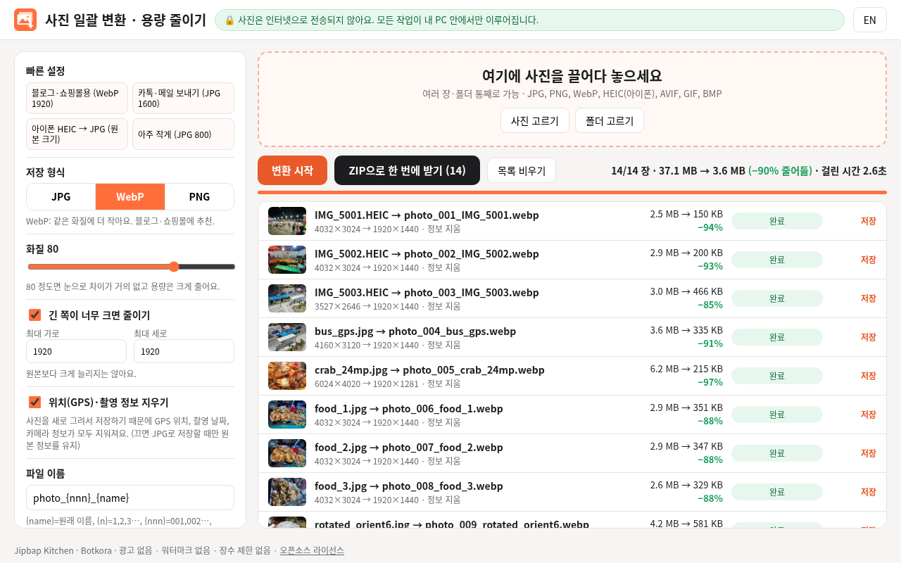 비포 · 애프터 (실제 테스트) — 사진 여러 장을 한 번에 바꾸고 용량을 줄이는 프로그램