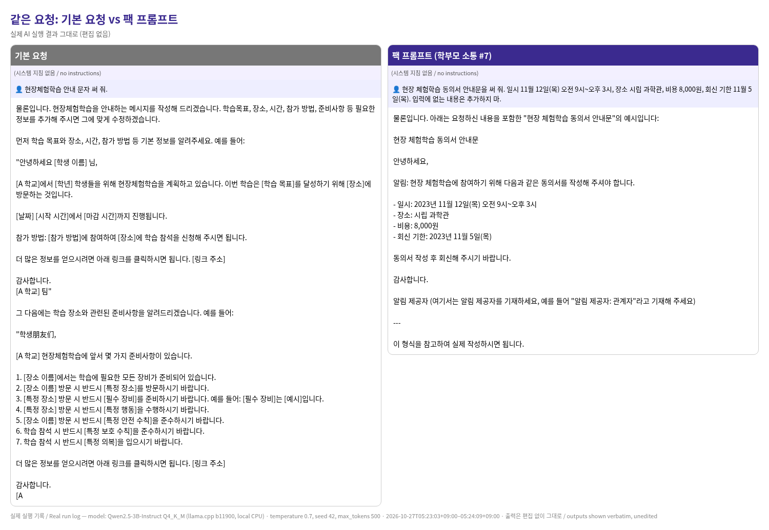 비포 · 애프터 (실제 테스트) — 선생님 AI 프롬프트 120개 — 수업안·평가·학부모 문자