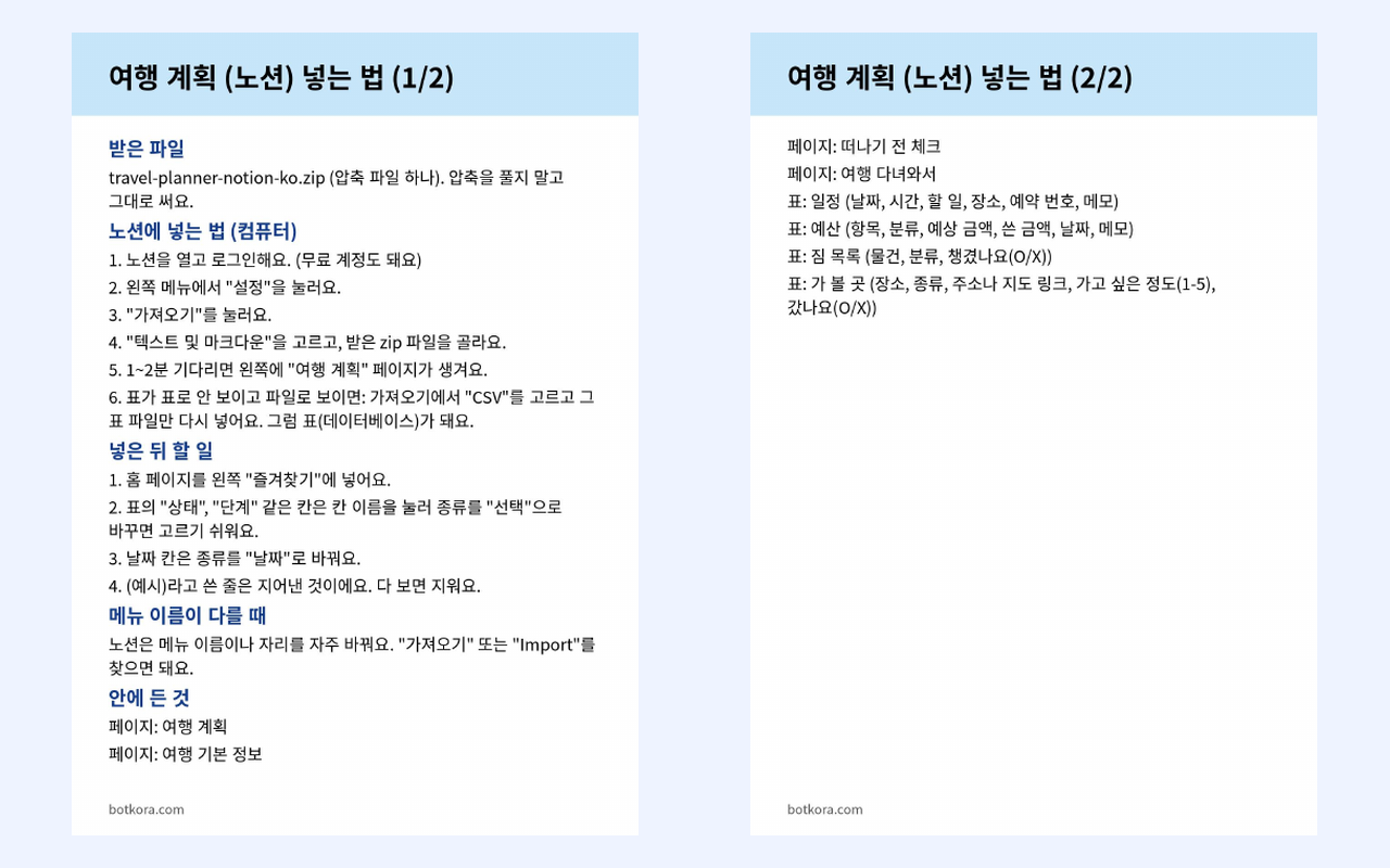 비포 · 애프터 (실제 테스트) — 노션 여행 계획표